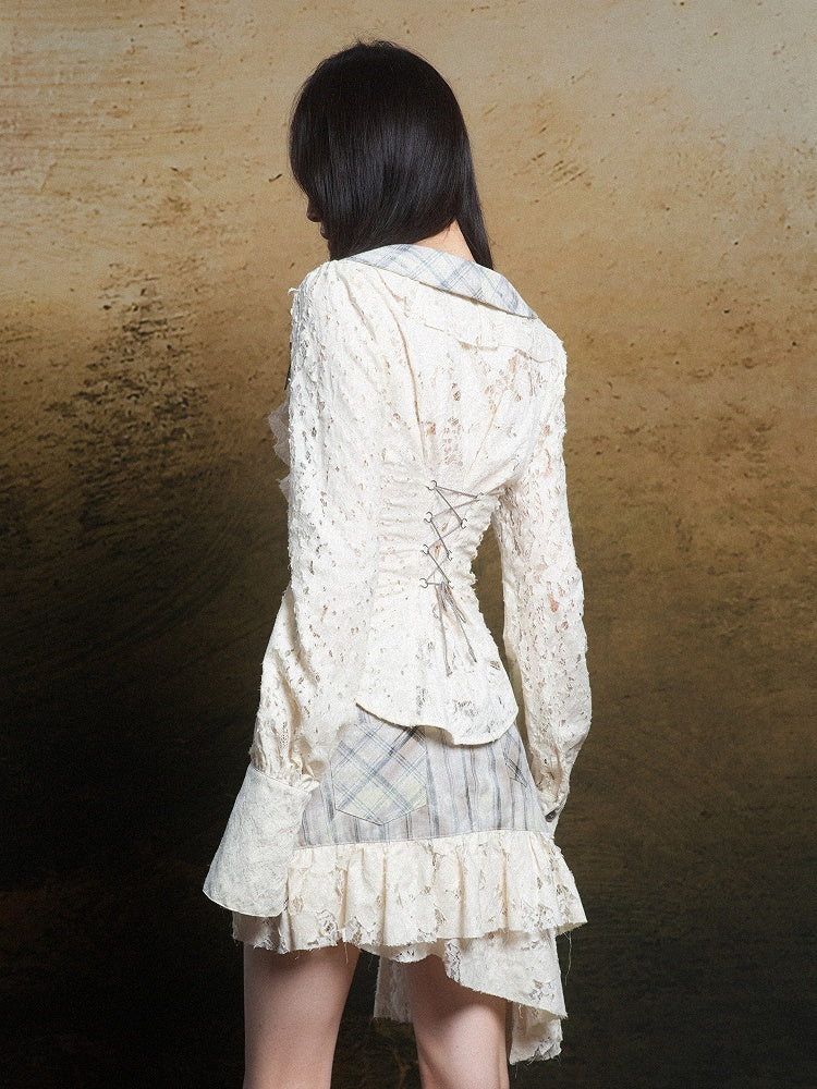 Apricot Romantic Lace Blouse Plaid Collar Punk Polo Crisscross with Lacing