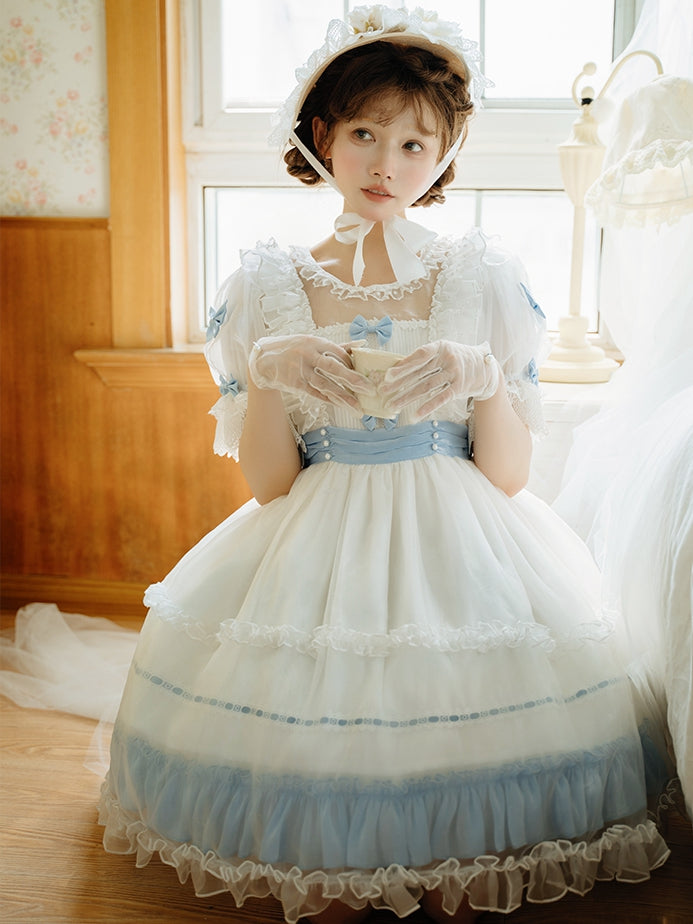 Lolita Bow Dress with Blue Accents and Classic Ruffle White