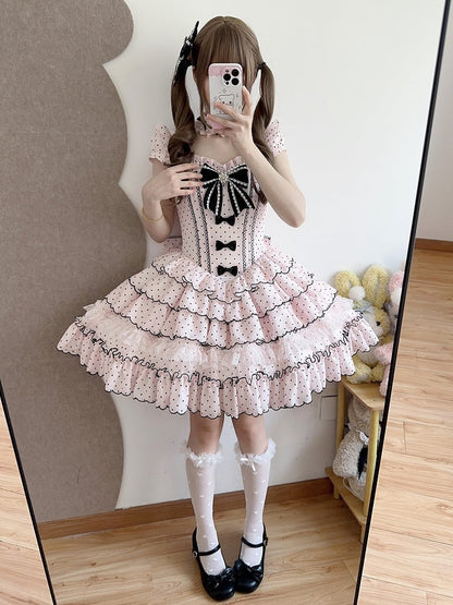 Sleeves Boned Detachable Sweet Waist Dress with Retro Polka Dots Lolita Pink Puff