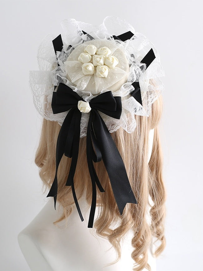Gorgeous Lolita Beige Bud Lace Mini Hat With Black Bowknot Ribbon Decoration