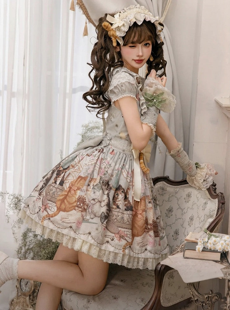 Green Cat Print Square Neckline Sweet Lolita JSK Dress with Plush Cat Patch - NyaNya