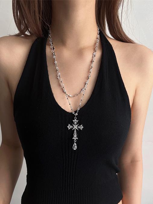 Silver With Pendant Necklace Gothic Cross Multi-Layered