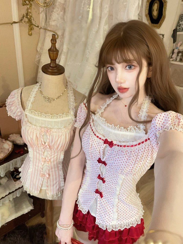 Top Bow Halter Accents Red With Lace Sleeves Puff Polka-dot
