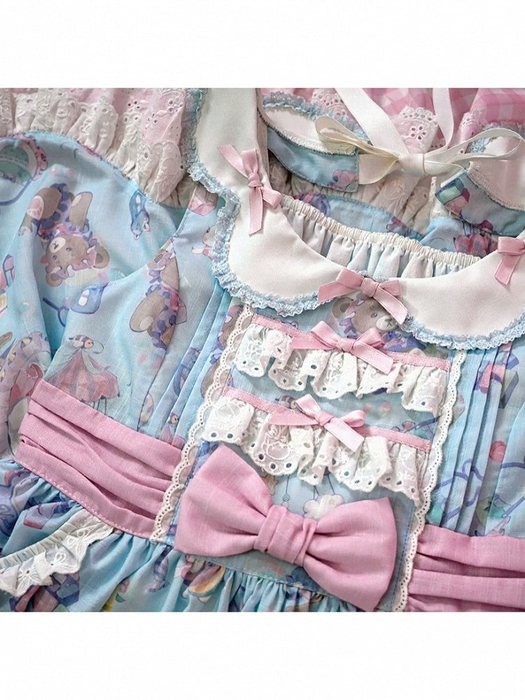 Adorable Lolita JSK Gown in Blue and Pink with Bow and Pocket Accents - Vcastle