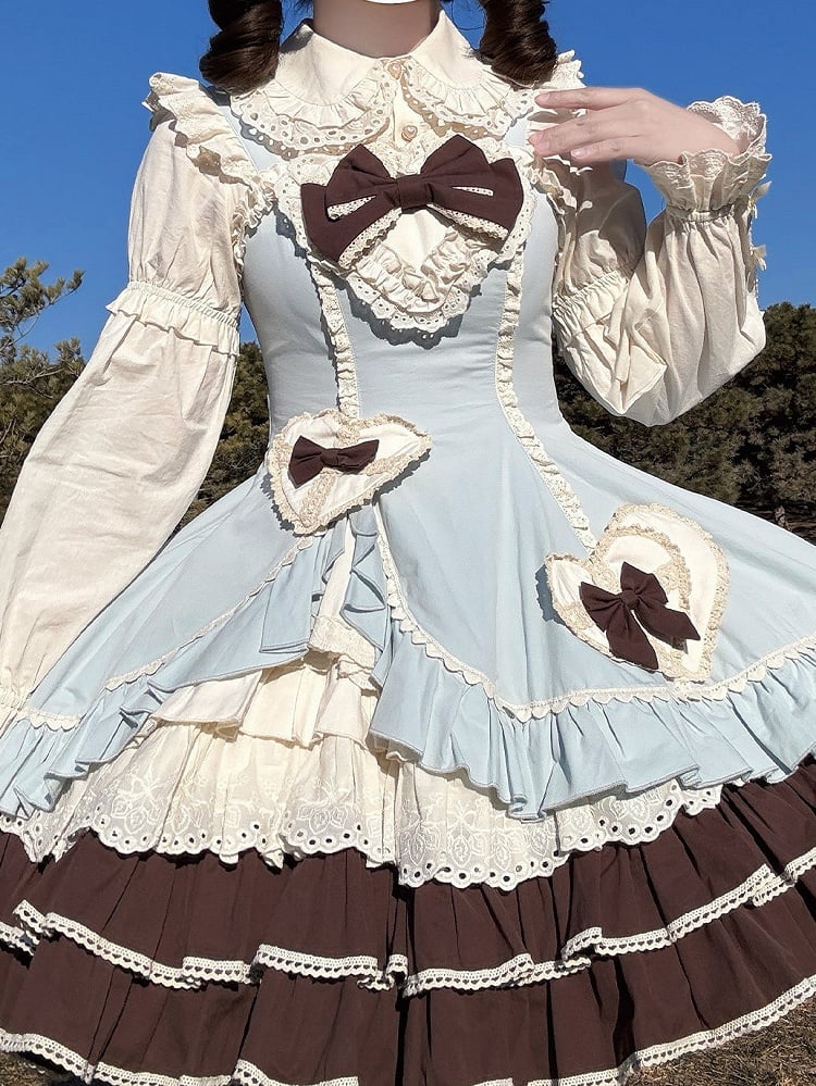 Dress Ruffles Lace Chocolate Patch Bow Mint with Lolita JSK Sweet Green Heart Embellished and