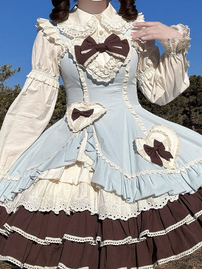 Dress Ruffles Lace Chocolate Patch Bow Mint with Lolita JSK Sweet Green Heart Embellished and