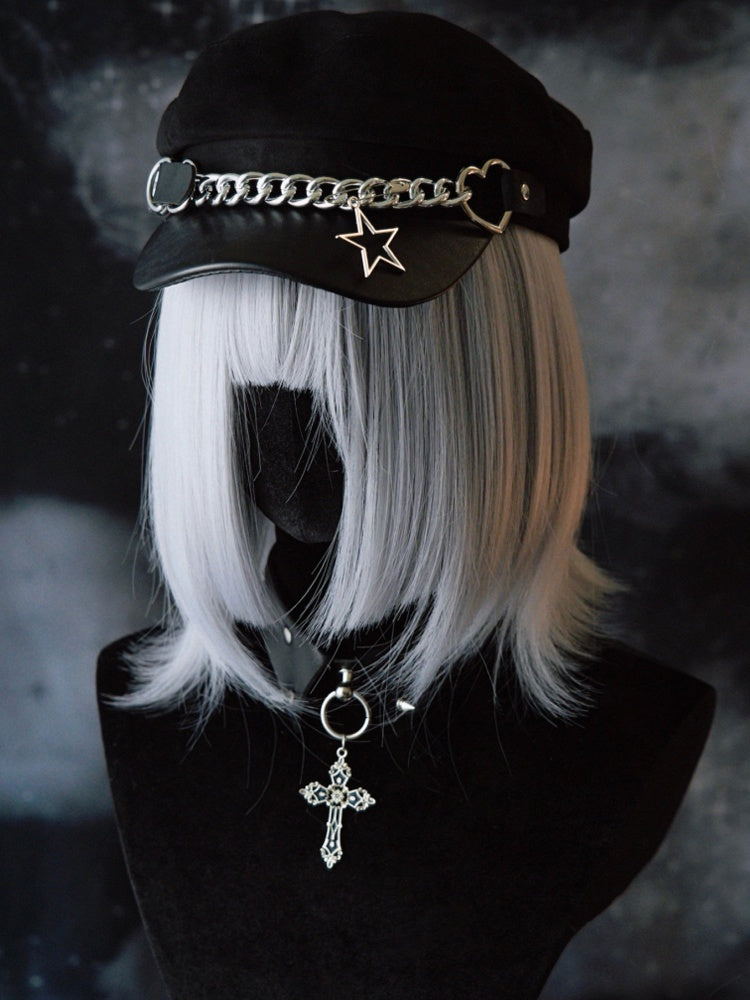 With Heart Design Charm Chain Hat Gothic Black Star Buckle Beret