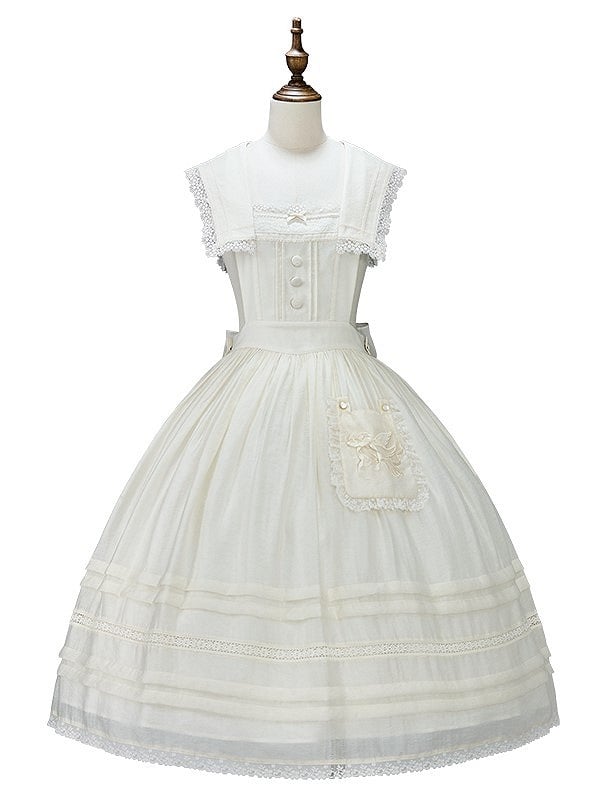 Accent and Pocket Overall Beige Dress Sailor Trim Lace Lolita with