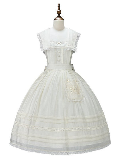 Accent and Pocket Overall Beige Dress Sailor Trim Lace Lolita with