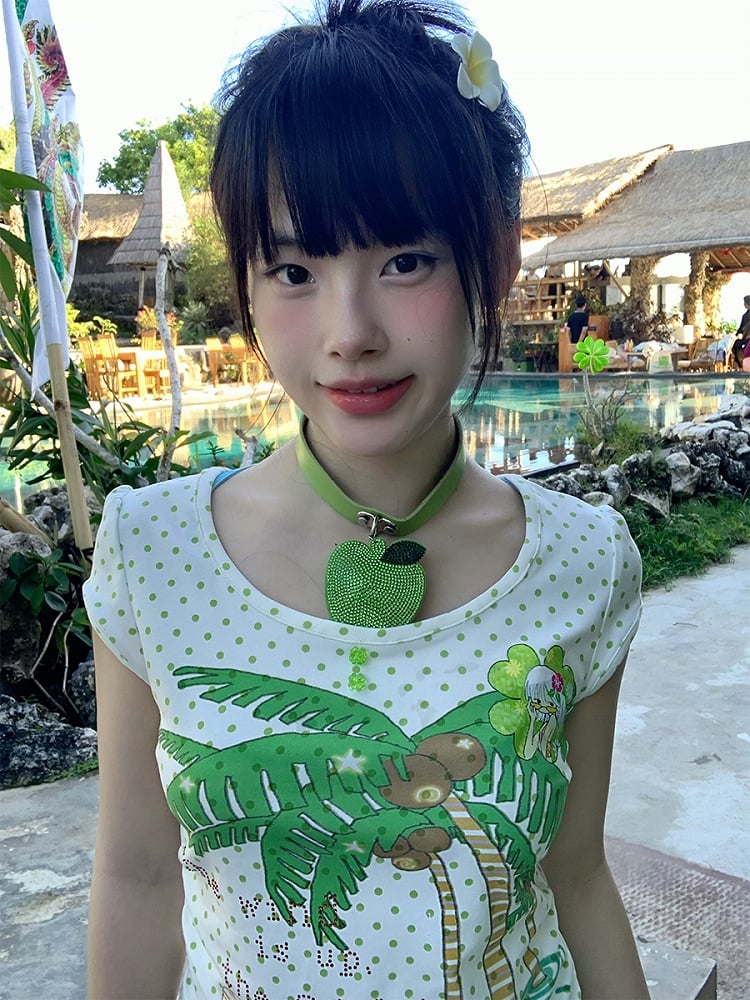 Tree and Dots Print T-shirt Green Palm Rhinestone Details Polka with White