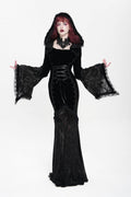Black Long Trumpet Sleeve Hooded Mesh Gothic Dress Embroidery