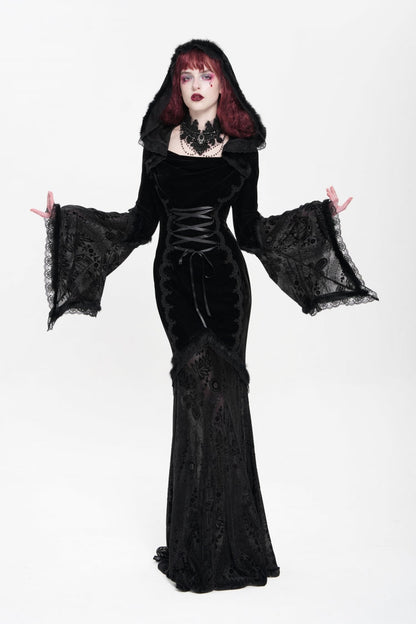Black Long Trumpet Sleeve Hooded Mesh Gothic Dress Embroidery