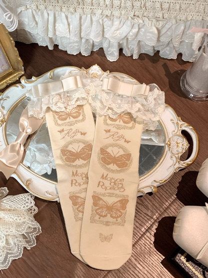 Color Pattern Socks + Cuff Butterfly 5 Detachable Bow Options Lace Calf