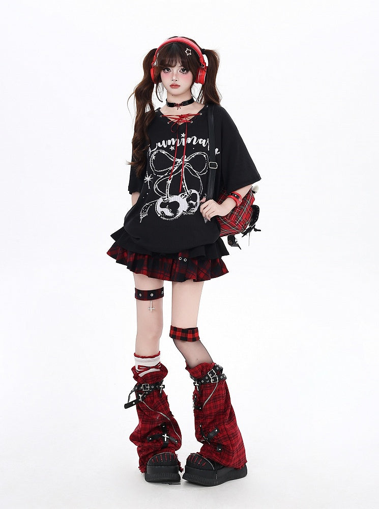 Print T-Shirt with V-Neck Lace-up Neckline Black/White Cherry Detail