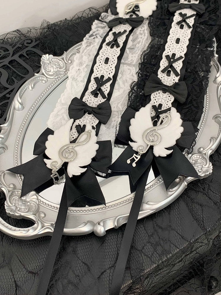 Hairband Black/White Note Bow with Musical Delicate Lace