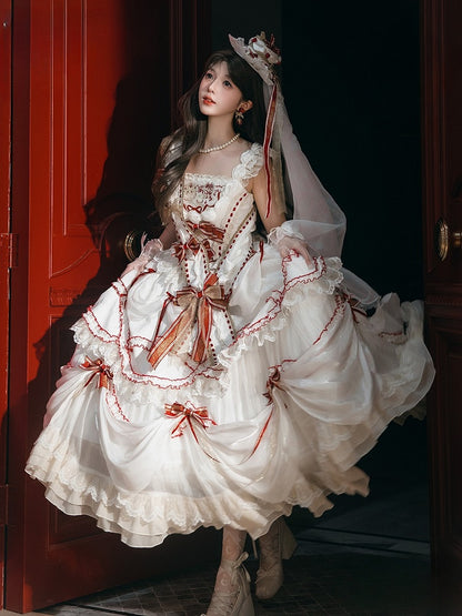Cake Dress Lolita Embroidered Red White Cherry Hime with Bows Ruffled Multi-Layered