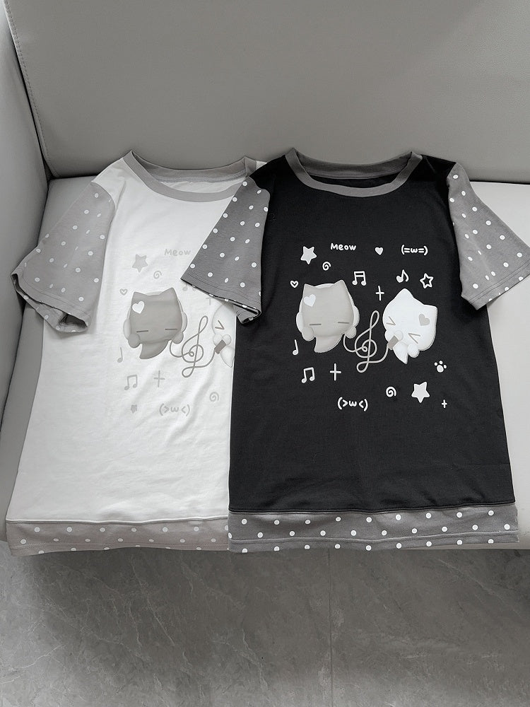 Cotton Polka with Note T-shirt Music Dot Pattern Black Panel Print Cat Themed