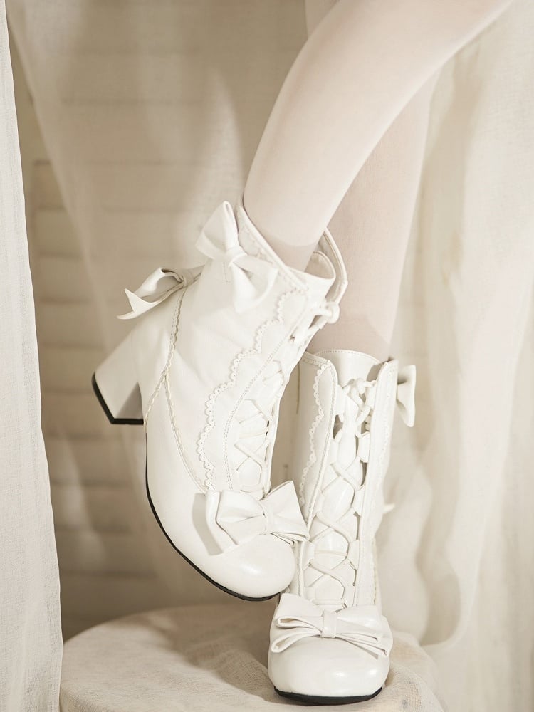 White Sweet Bow with Boots Lacing Adjustable Accents Mid-calf Lolita