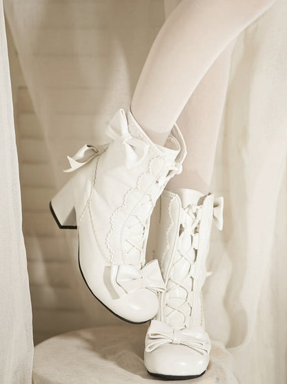 White Sweet Bow with Boots Lacing Adjustable Accents Mid-calf Lolita