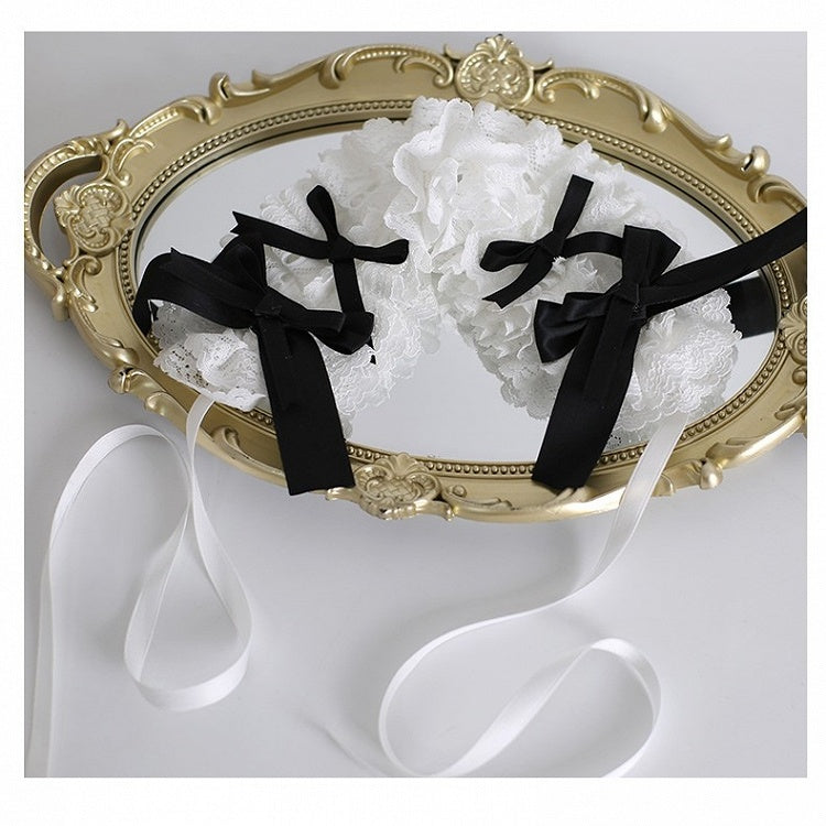 詳細 ヘアバンド ロリータ メイド 蝶結び ブラック ホワイト フリル