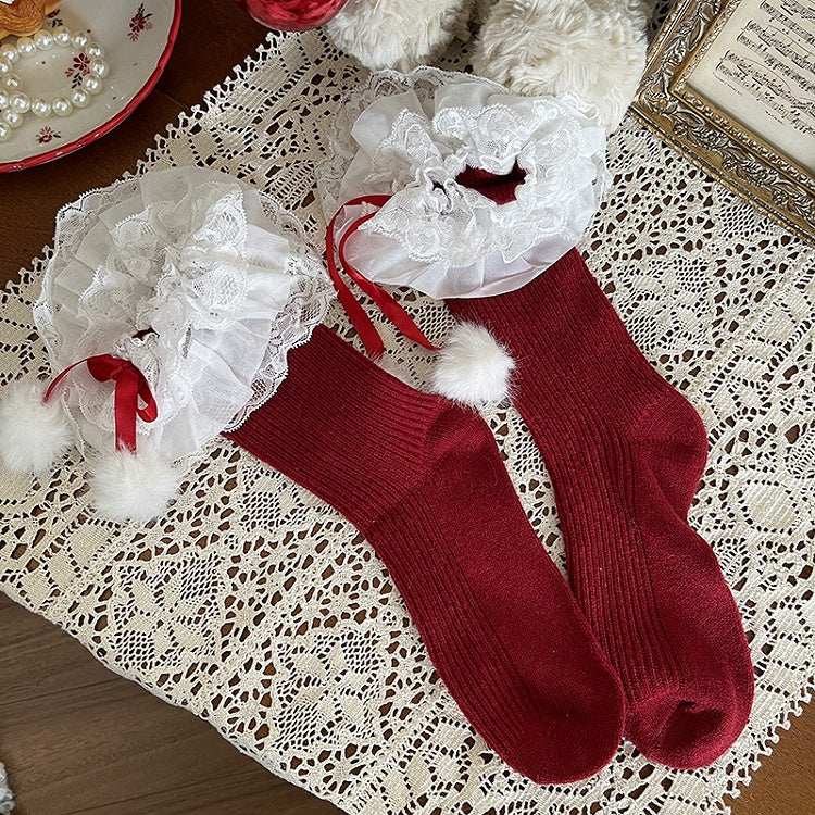 Socks Ruffle Multi-Layer Pom-Pom Lolita with 3 Colors Decoration