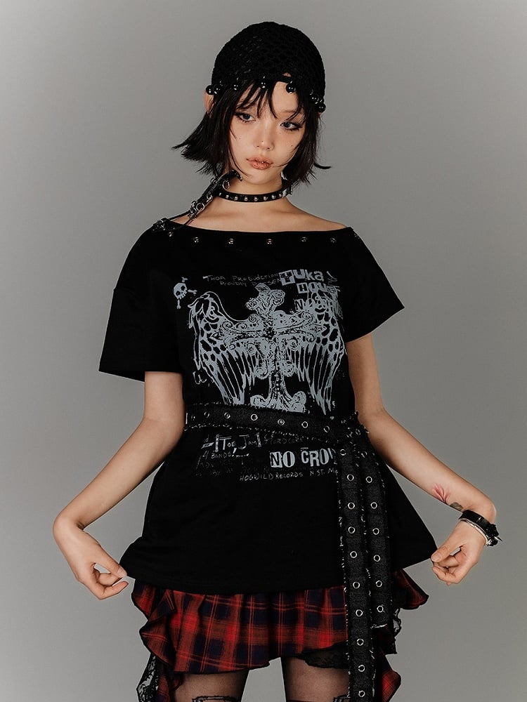 Y2K Black Cross Print Glamorous Belt with Waist T-Shirt