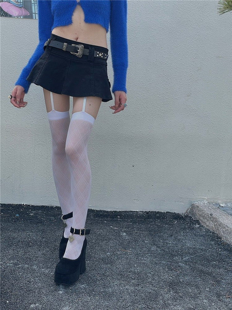 Black/White Plaid Pattern Suspender Tights