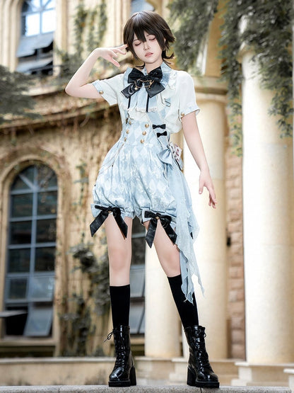 Schleife Alice Muster Wunderland Lolita in + Blau Weiß Outfit Overall - Shorts Vibes Ouji Diamond Shirt