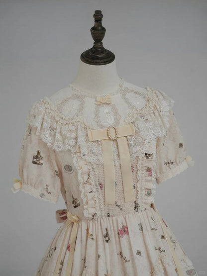 Beige Cat Print Round Neck Sweet Lolita Dress with Lace Trim - NyaNya