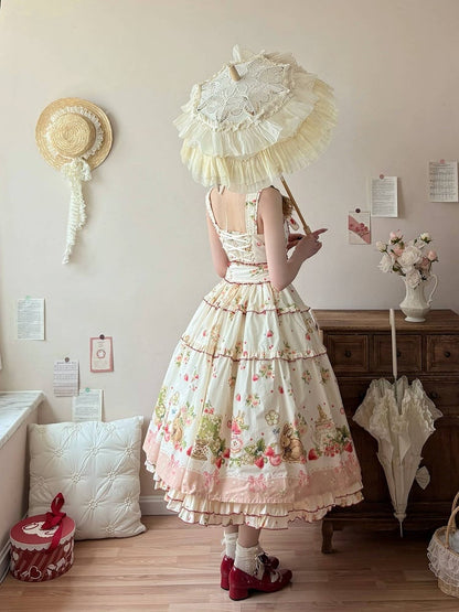 Lolita-Modekleid mit Blumenmuster und rosa Saum, Bunny Print House, Erdbeere und