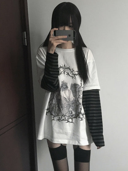White Dark Kawaii Striped Sleeves Graphic T-shirt