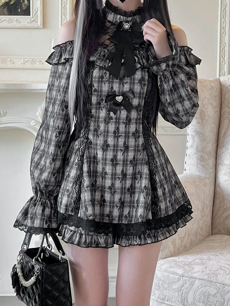 セットスカート カットアウトショルダー ミニショーツ ジライケイ イリュージョンドレス ネックライン チェック柄 フリルグレー裾