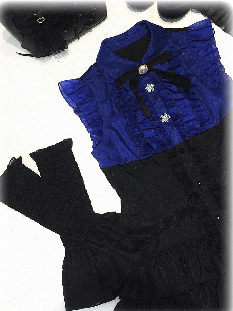 Faux Tiered Placket with Two-Piece Sleeves Ruffle Kei Arm Black and : Jirai Flutter Blue Dress