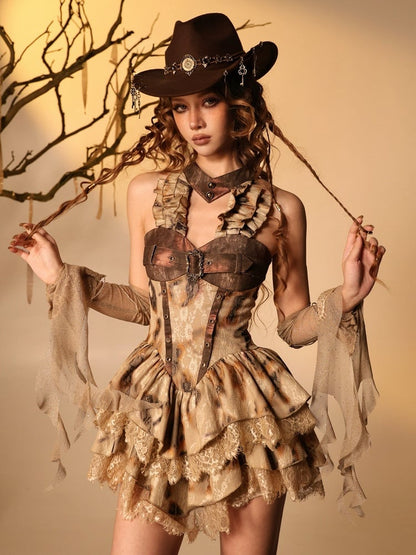 Halter Ruffle Dress with Burned Lace, Hot-Girl Aesthetic - Virtual Orbit