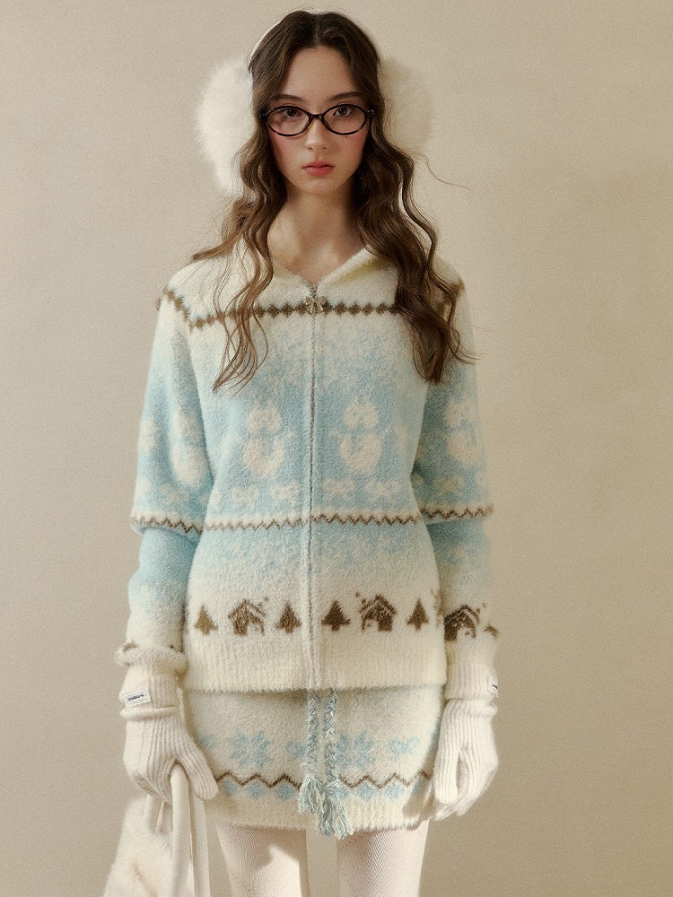 Sweater BlueWhite Pattern with Snowman Details Kawaii