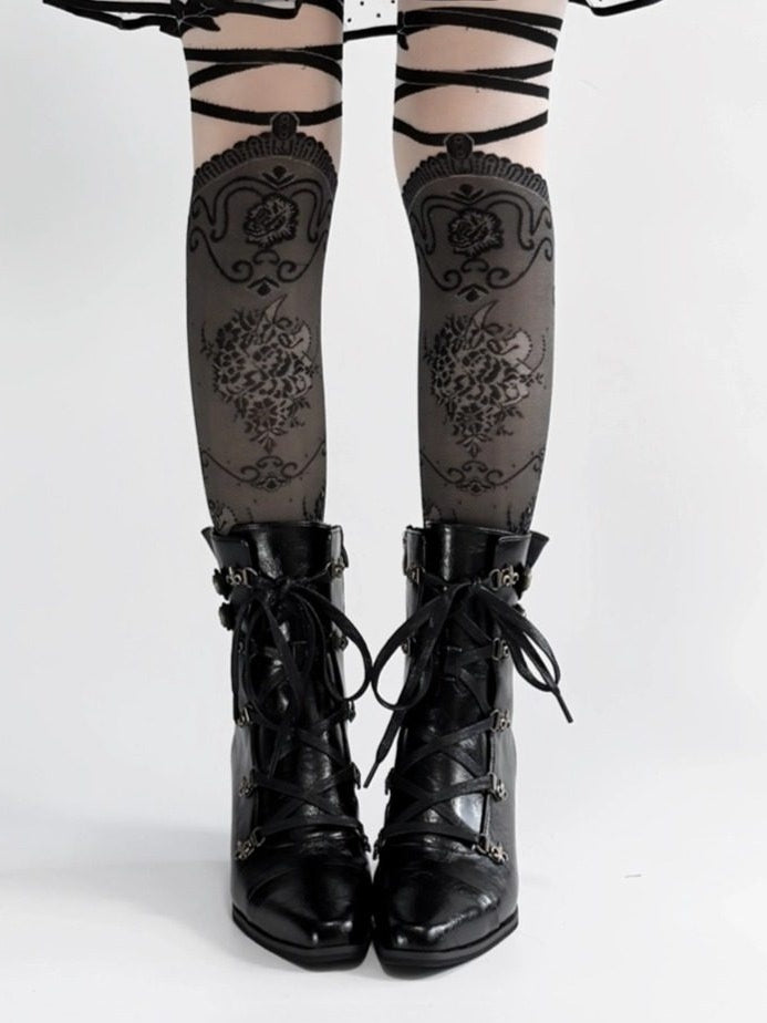 Fastening Black Boots Toe Zip in Lace Steampunk with Hybrid Mid-heel Pointed Design PU