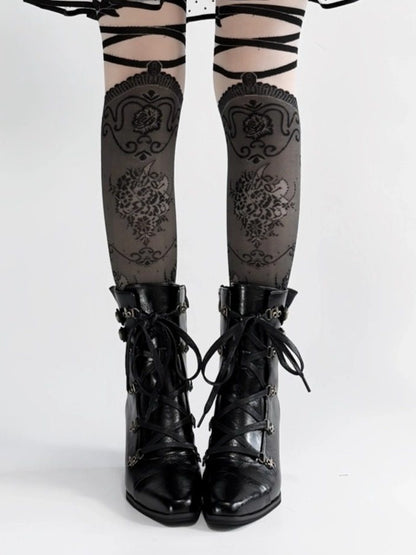 Fastening Black Boots Toe Zip in Lace Steampunk with Hybrid Mid-heel Pointed Design PU