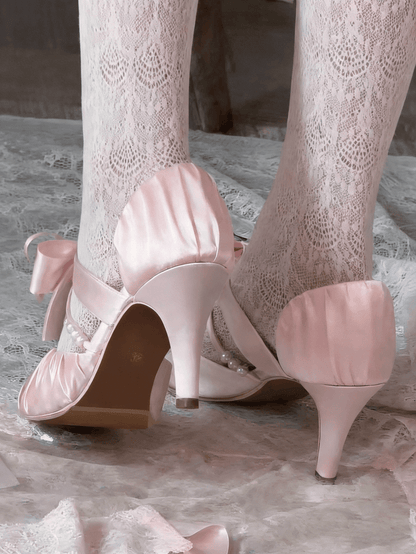 Lolita Satin - Accents Heels Toe Bow Pink Mary Jane Pointed Elegant