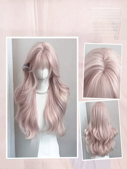 Pink Gold 70cm Long Wavy Curly Wig with Full Bangs - Meow Island Wig