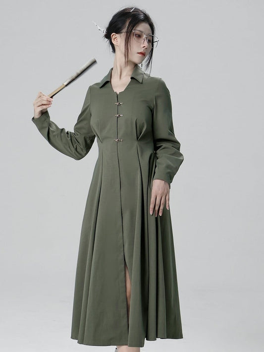 Green Box Dress Pleat Snap Construction Chinese V-neck Front Style