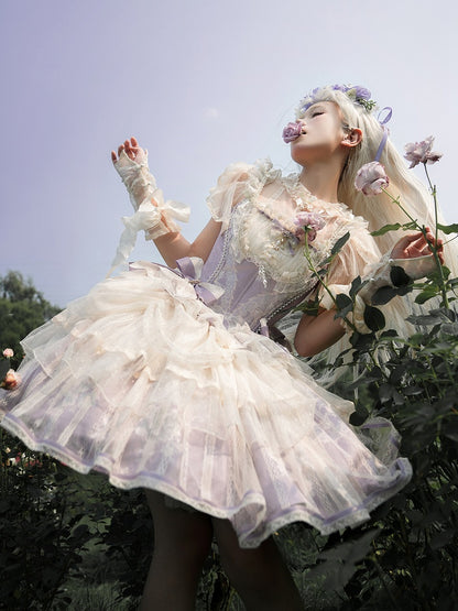 Balletcore Top Corset + Print Skirt Lolita Princess Purple Light Boned Floral