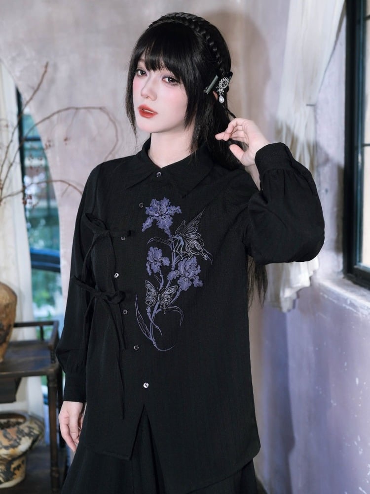 Gothic Long-Sleeve Shirt with Asymmetric Placket & Iris Print in Black Purple - Quirky Hut