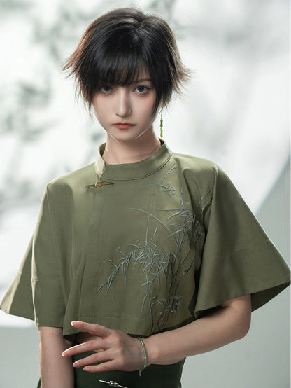 Green Bamboo Embroidered Short Sleeve Top - Feng Hua Gui Guo Ling