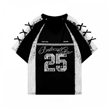 Patches Kontrast Spitze T-Shirt Applikation V-Ausschnitt Satin Schwarz/Silber Nummer