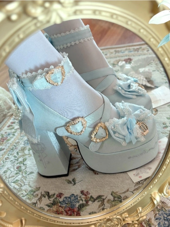 Platform Lolita Janes Satin Blue Crown Block Heel Details - High Sweet Mary