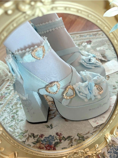Platform Lolita Janes Satin Blue Crown Block Heel Details - High Sweet Mary