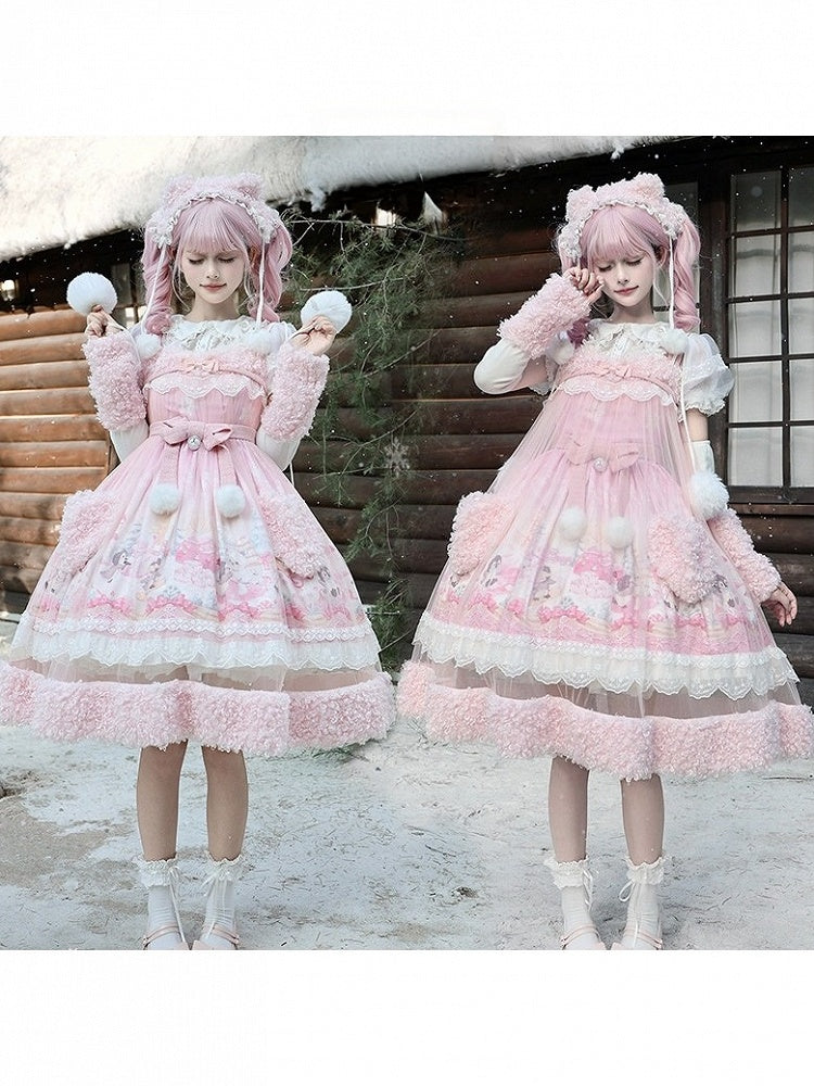 Pink Snow Theme Plush Heart Pocket Lolita Jumper Skirt Dress with Overlay - Lineall Cat