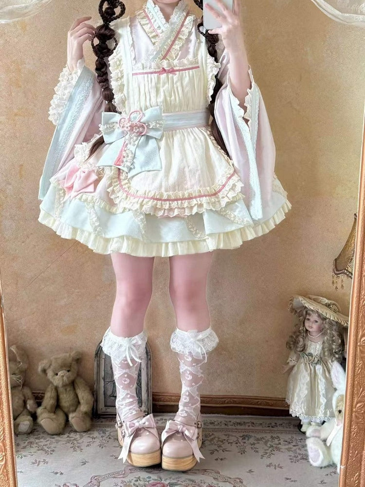 Hanfu-Inspired Lolita Top, Ruffle Mini Skirt & Apron Set in Pink Blue - Berry Story Lolita