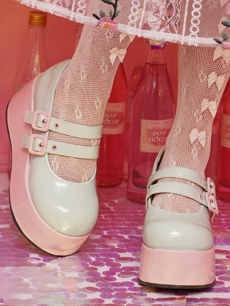 Leder PU Schnallen Süße Rosa Lolita Grüne Sohle Plattformen mit Keil
