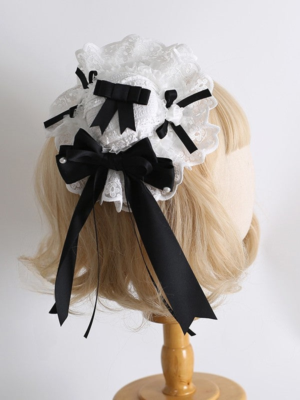 Lolita Bowknot Perlen Spitze Süß Verziert Mini Details Schwarz Weiß Trim Hut